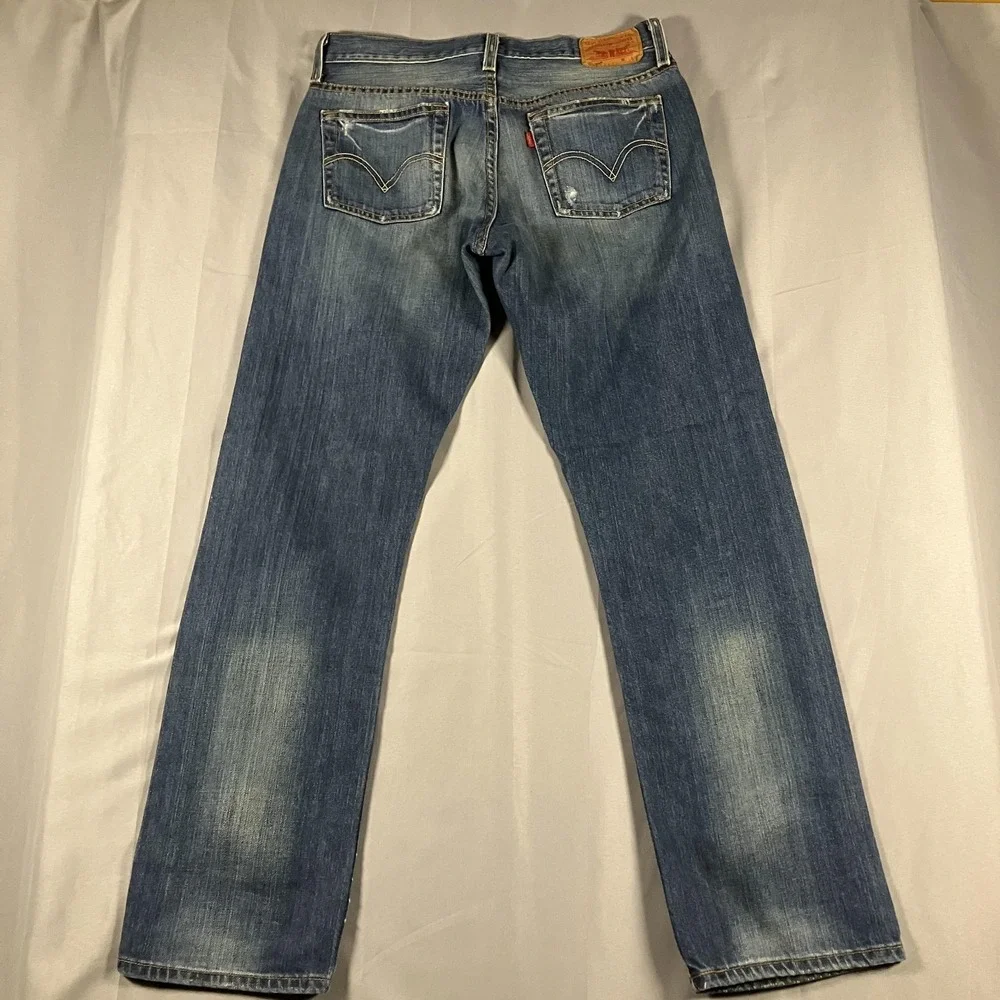 Levis 501 Jeans Mens 30x29 Blue Denim Button Fly Straight Leg Distressed Red Tab
